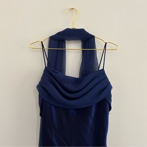 Blue Satin Maxi Dress With Scarf Sz XL Cobalt / Navy Vtg Y2K